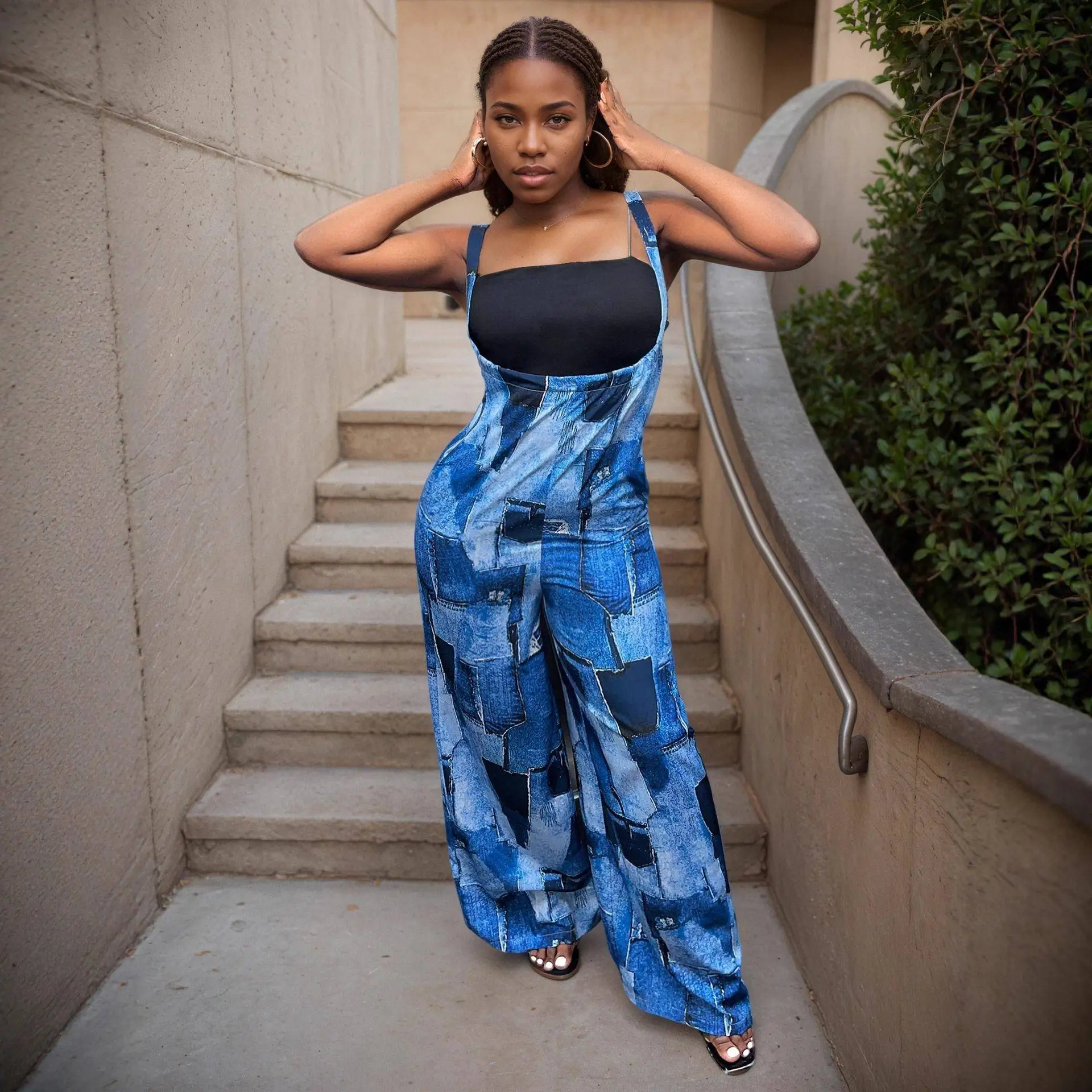 

Women's Cross-Border High Waist Wide Leg Lantern Pants Jumpsuit Thin Splice Print Casual Summer Fashion Polyester Fabric