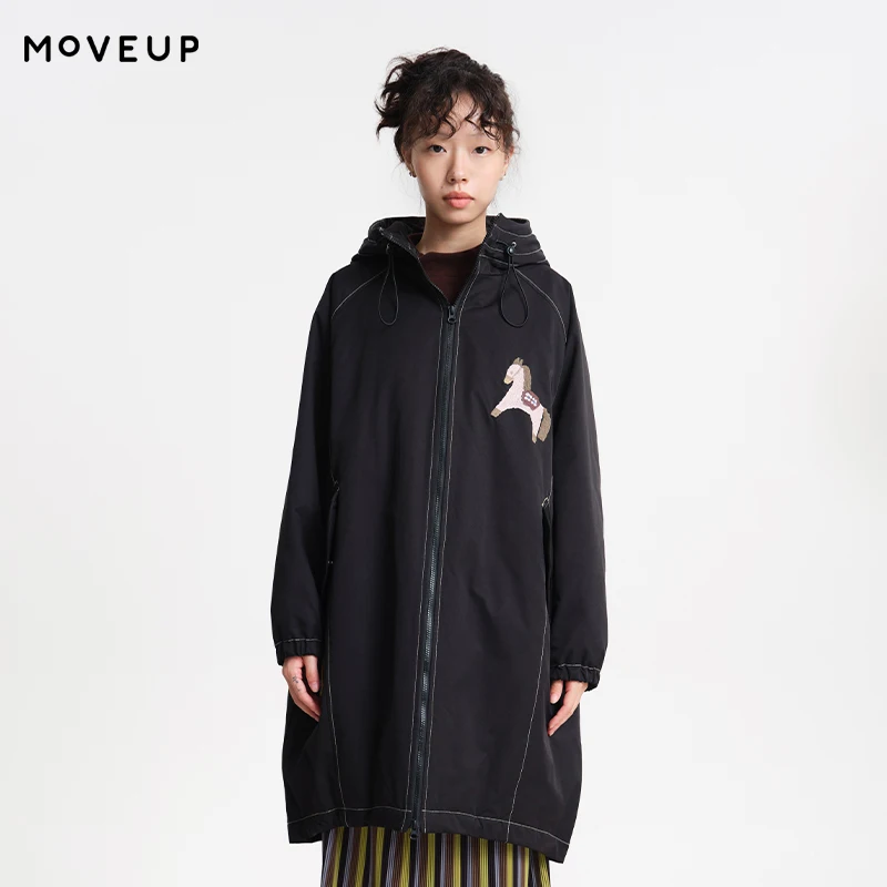 

MOVEUP Loose High Neck Coat Winter Pony Embroidery Hooded Pocket Bright Line Fashion Warm Padded Jacket For Women 3EWD20916