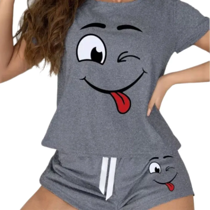 Women Cute Smile Face Print Pajama Set 2PCS Short Sleeve Top Shorts Sleepwear Loungewear Soft Cotton Homewear Summer Nightwear image 6