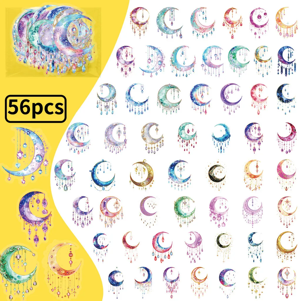 56Pcs Tassel Crescent Moon Sticker Transparent PET Healing Aesthetic Waterproof Decor for Journals DIY Crafts Anime Worlds Store