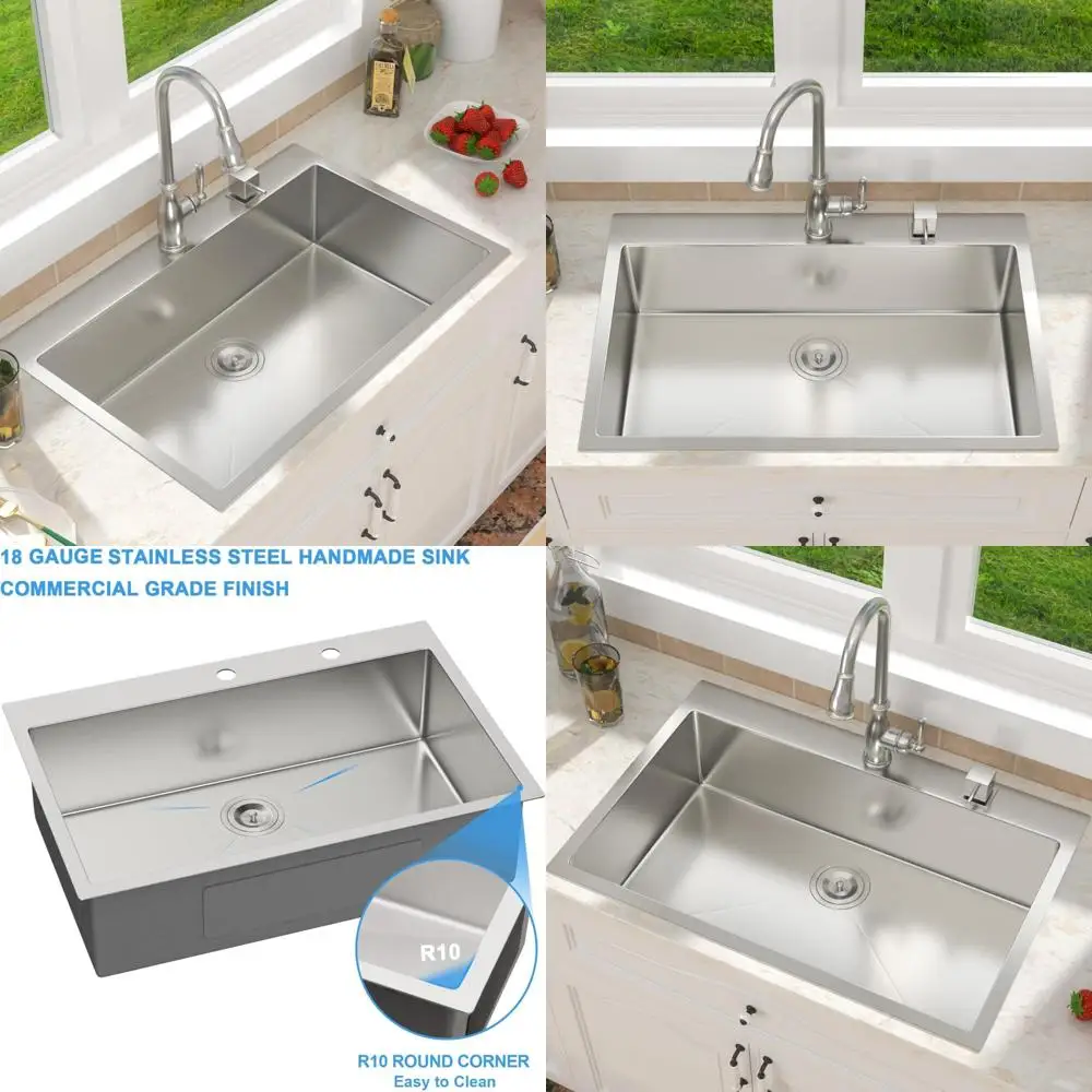

Stainless Steel 18 Gauge Topmount Single Bowl Kitchen Sink, 33x22 Inches, Deep Handmade Large Drop-In Design