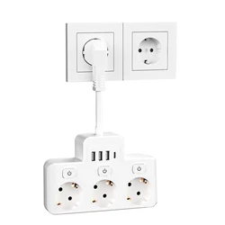 EU Plug Power Strip 3AC Outlet Multitap Extension Cord Electrical Socket With 3 USB and USB C with Protective Contact White