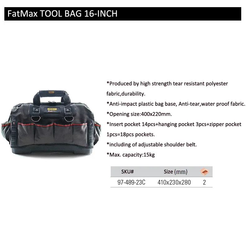 FatMax 16 inch 97-489 work tools bag storage with adjustable shoulder strap toolbag open mouth water proof hard bottom 18 pouch