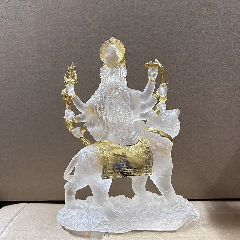 Indian Goddess Durga Riding Tiger Lion Resin Crystal Figurine Handmade Home Decor