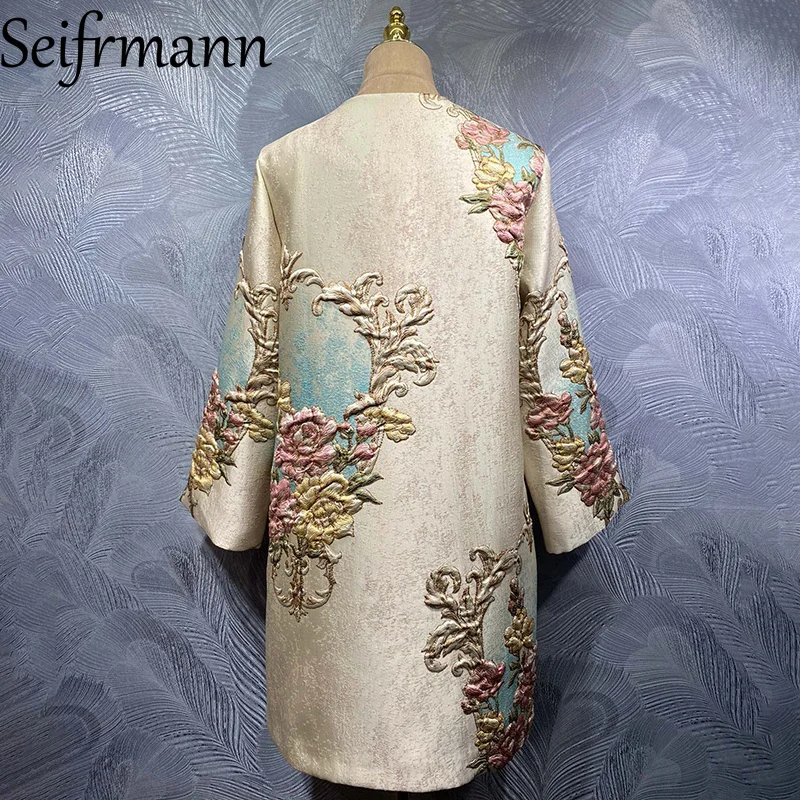 Seifrmann 2026 Summer Women's clothing New Fashion Round Neck Long Sleeve Nail Bead Jacquard Long Coat