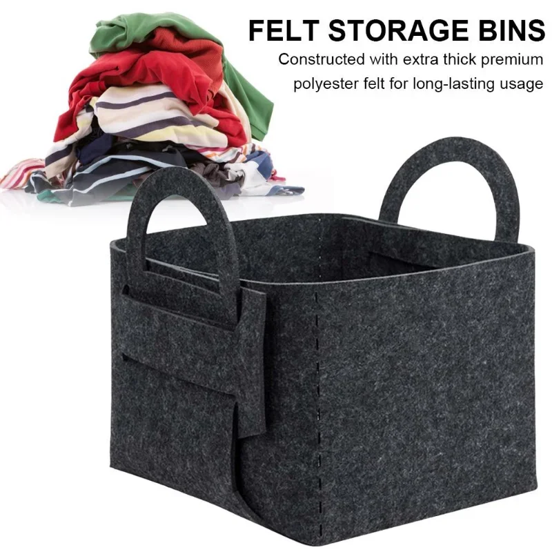 Gray Collapsible Felt ClothesStorage Basket Thickened Felt Storage Bins Magazine Organizer With Handles Home Office Organization