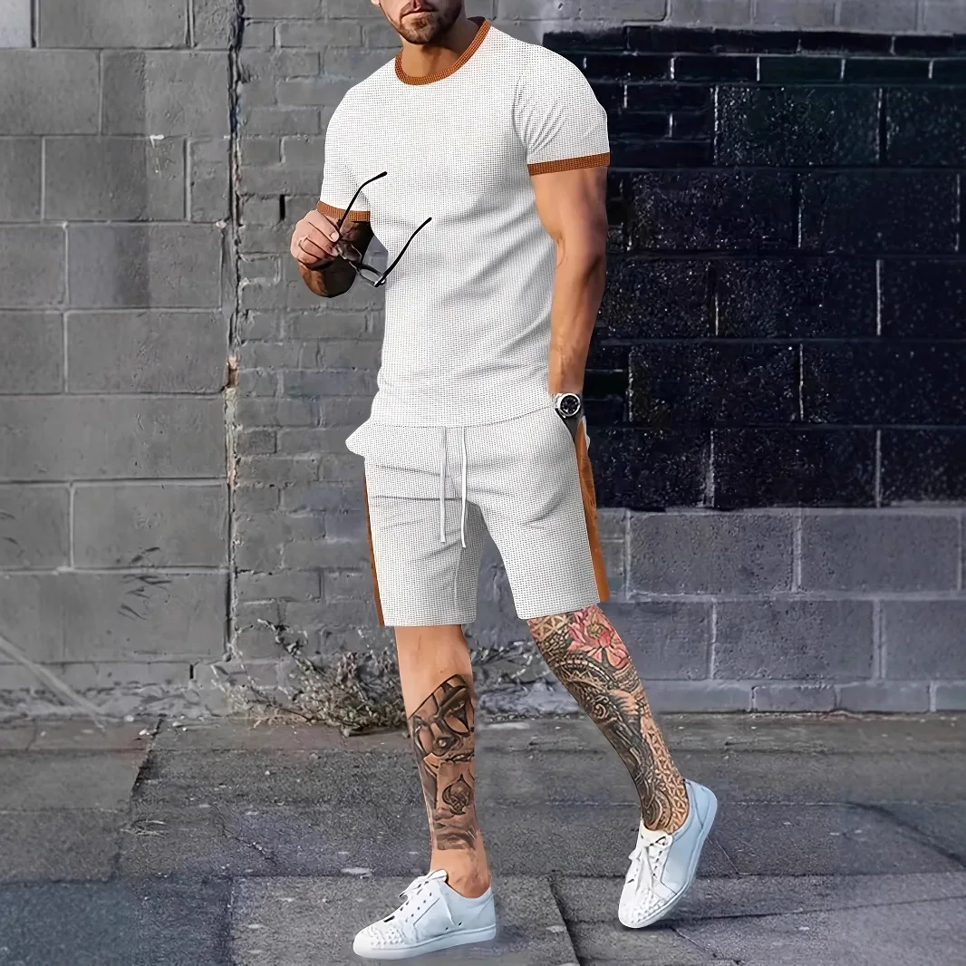 

Men's loose and comfortable round-neck short-sleeved shirt + shorts set, made of heavy waffle material, suitable for summer wear