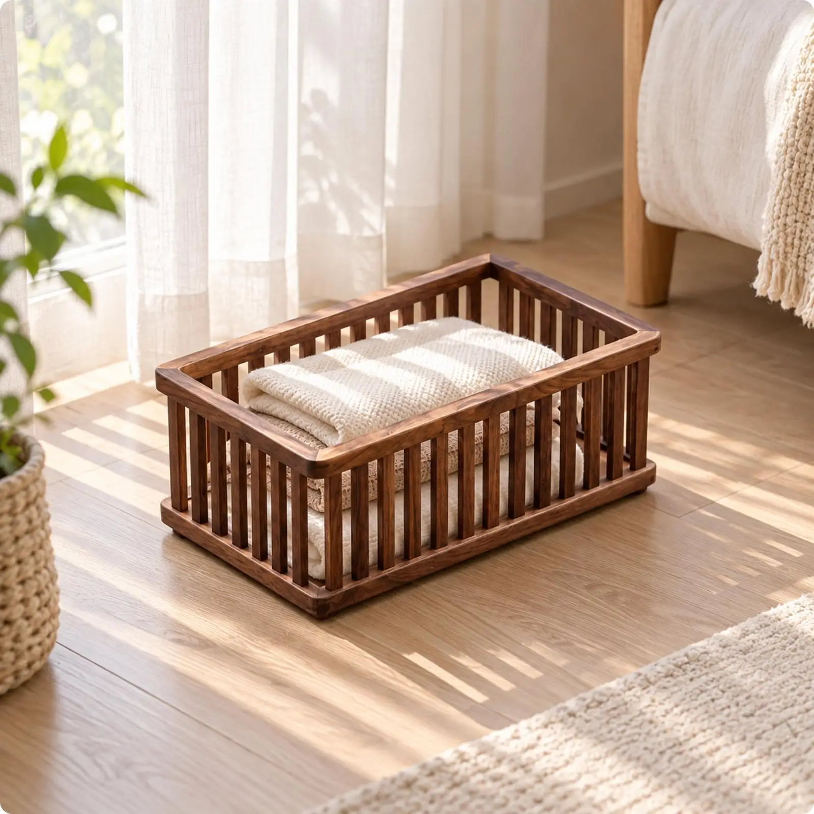 Walnut Wood Storage Basket Versatile Rectangular Wood Basket with Feet for Restroom, Living Room, Bedside Organization