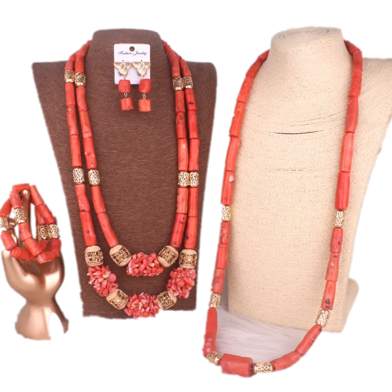 

Trendy Couples Nature Coral Beads African Nigerian Wedding Jewelry Set Traditional Bridal Necklace Accessories For men & Women