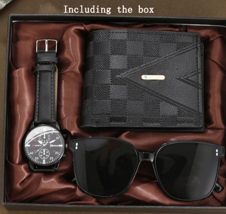 Men's set of watches, belts, wallets, sunglasses, exquisite gifts 3pcs, men's quartz watch and wallet