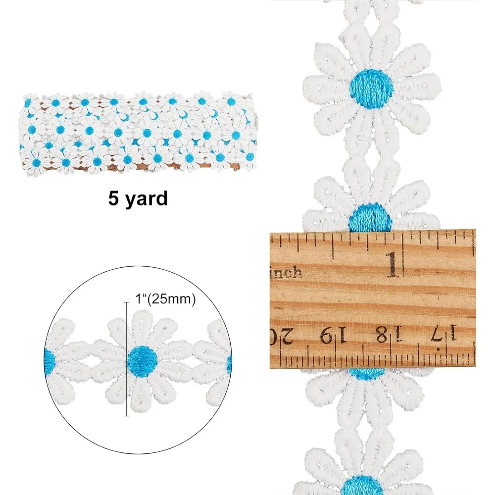 5 Yards Daisy Ribbon Trim 25mm Wide Daisy Sun Flower Decorating Lace Trims Embroidered Sewing Ribbon for Dresses Embellishment