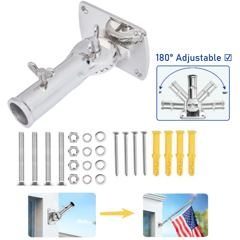 180° Adjustable Flag Pole Holder 316 Stainless Steel for Outside House Garden Boat Mounting Hardware Included Fits 1