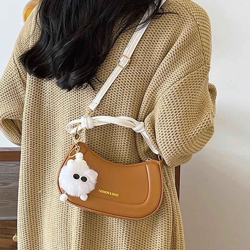 Chic Shoulder Bag with Knotted Top Handle,Adjustable Crossbody Strap, Cute Fluffy Doll Pendant, Fashion Ladies Purse for Casual