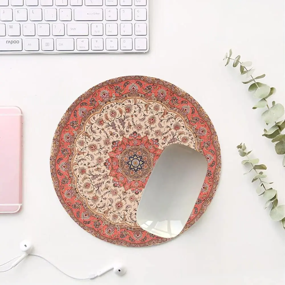 Vintage Oriental Persian Floral Beige Round Mouse Pads Romantic Gorgeous HD Print Decorative Small Rubber Mice Mat for Laptop PC