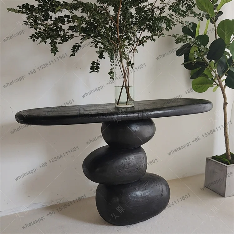 zj  Art Wabi Silent Wind Pebble Entrance Table Solid Wood Entrance Wall View Table