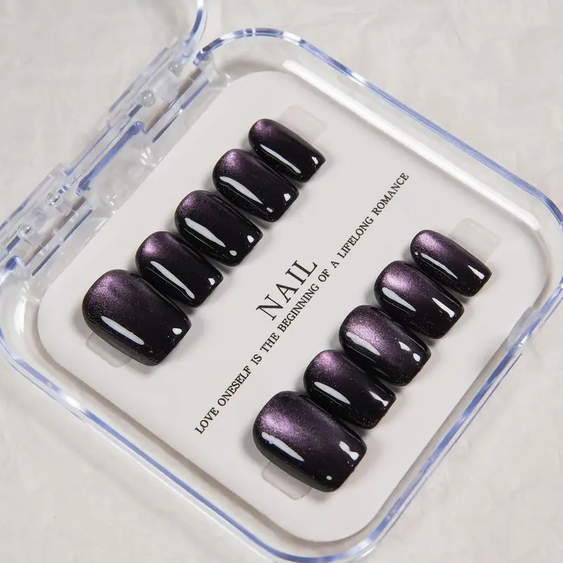 Black Purple Starry Cat Eye Press On Nails,Cool Vibe Short Round Square False Nails,Trendy Removable Reusable Popular Manicure N