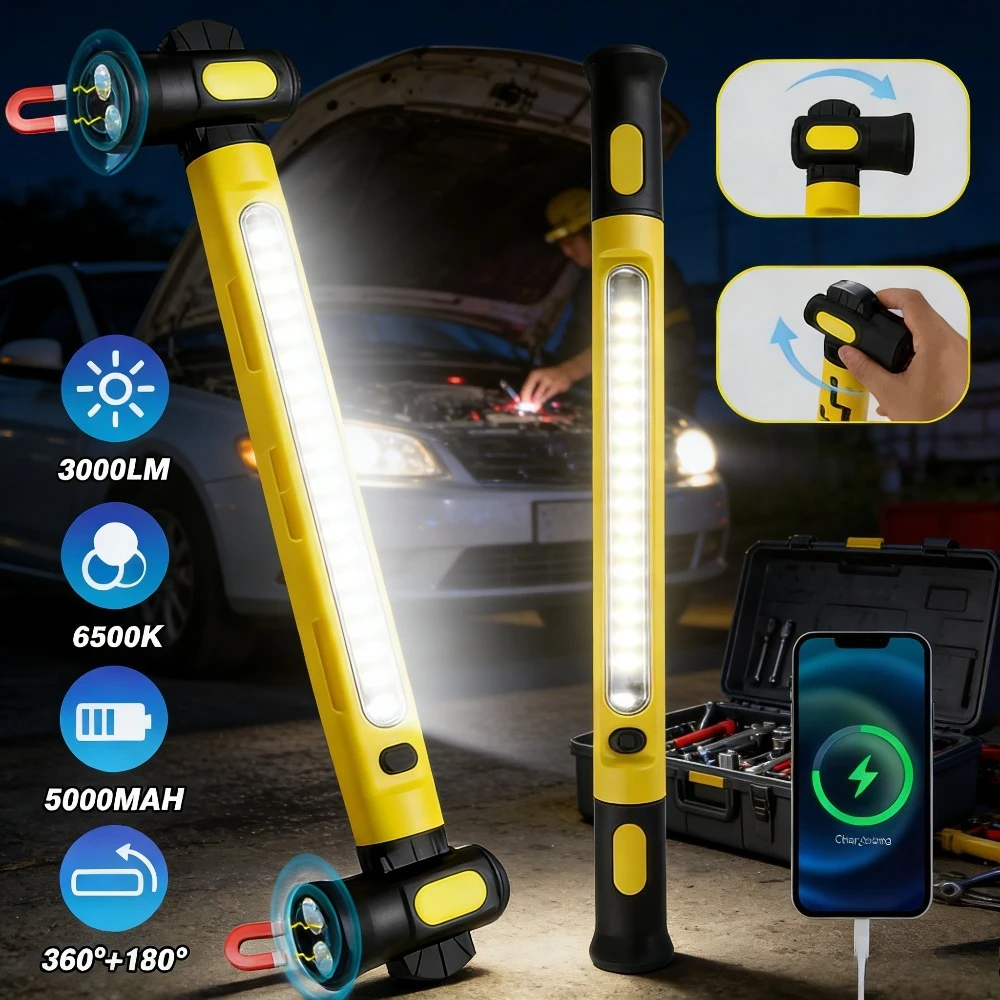 

Аварийный рабочий фонарь 81 LED COB с магнитом, поворот на 360° ° Перезаряжаемый рабочий фонарь с USB-C разъемом для ремонта автомобильных двигателей, длительное время работы