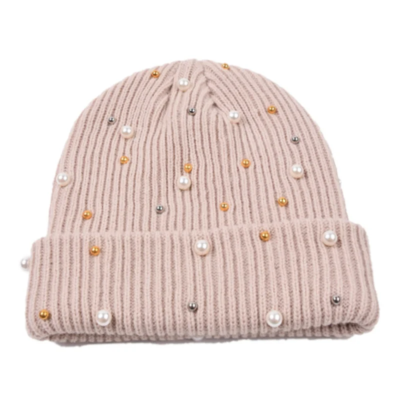 Sparkly Studded Beanie Women Hat Winter Knit Cap with Pearls Ribbed Ladies Cuffed Skullies