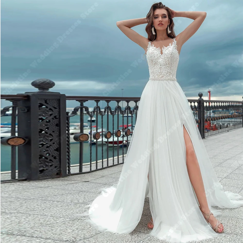 Ivory-Vestidos De novia con cuello redondo para mujer, traje Formal sin mangas, con estampado De encaje, para fiesta, novedad