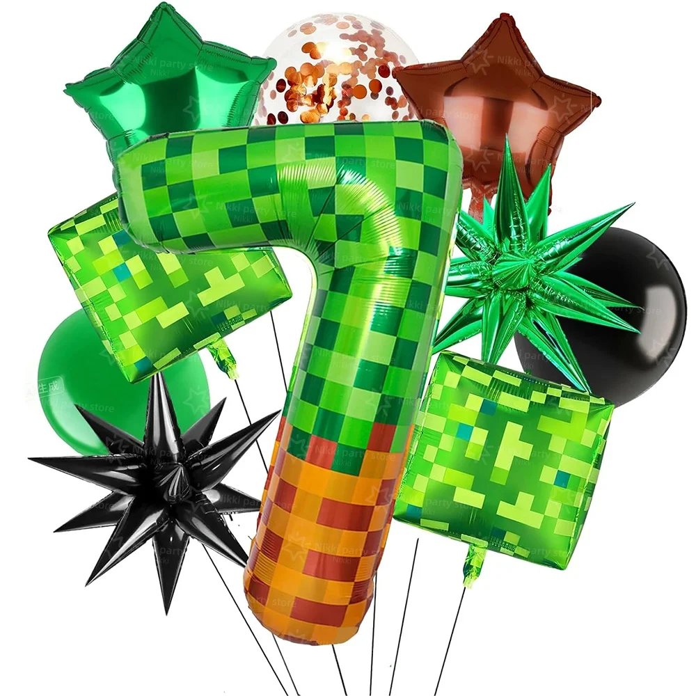 Pixel Miner Nummer Folienballon Grün 40 Zoll Groß Mylar Mining Braune Pixel-Würfel Boxen Videospiel Geburtstagsparty Dekorationen