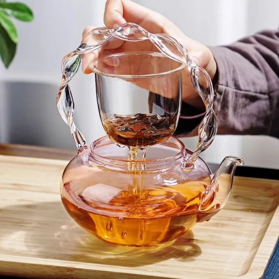 700ml Glass Teapot Tea Water Separation Handle Pot Creative Pink Butterfly Button Flower Teaset High Temperature Resistant Cup