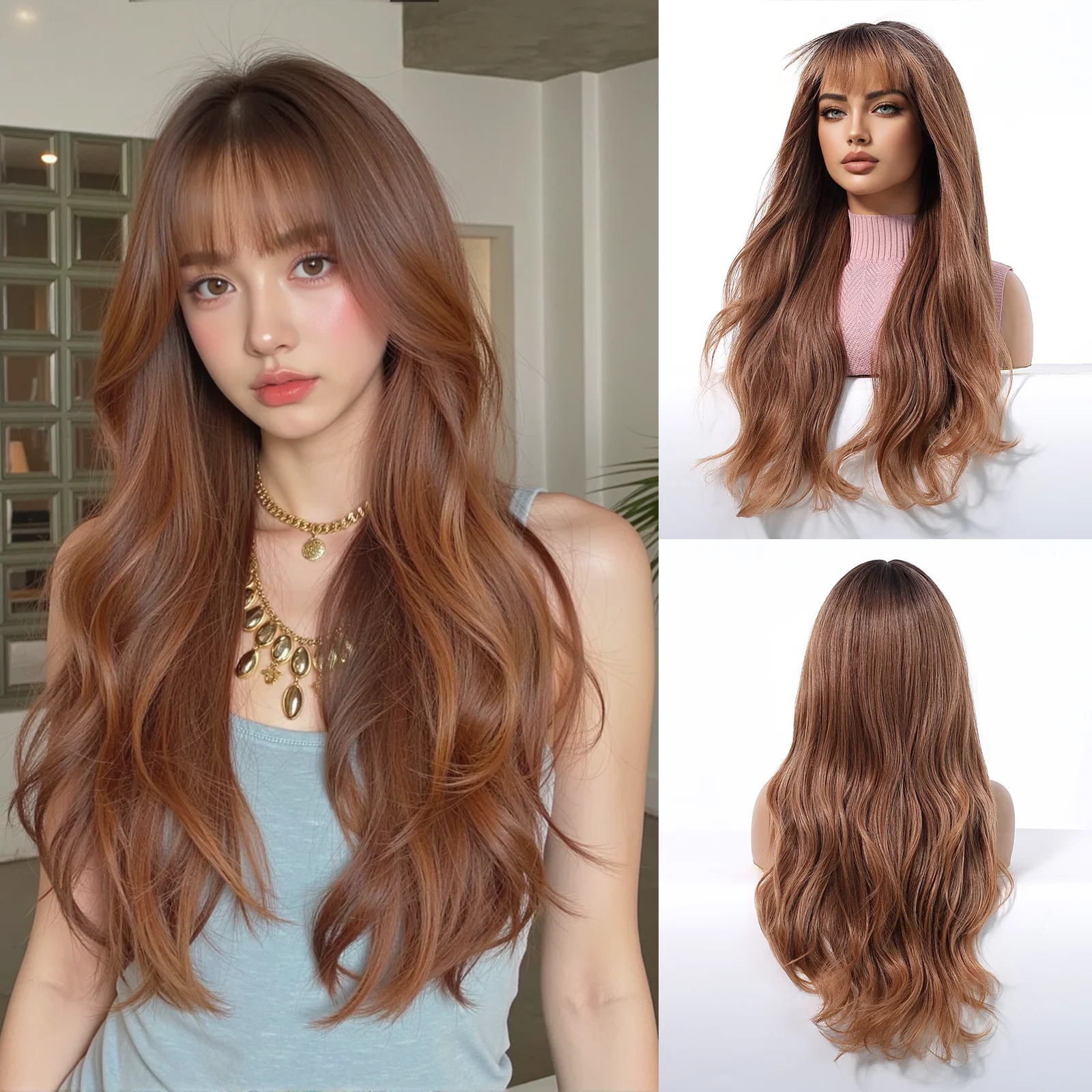 

Honey Brown Ombre Synthetic Wavy Wigs With Bangs Long Body Wave Wig For Women Daily Cosplay Natural Fake Hair Use Heat Resistant