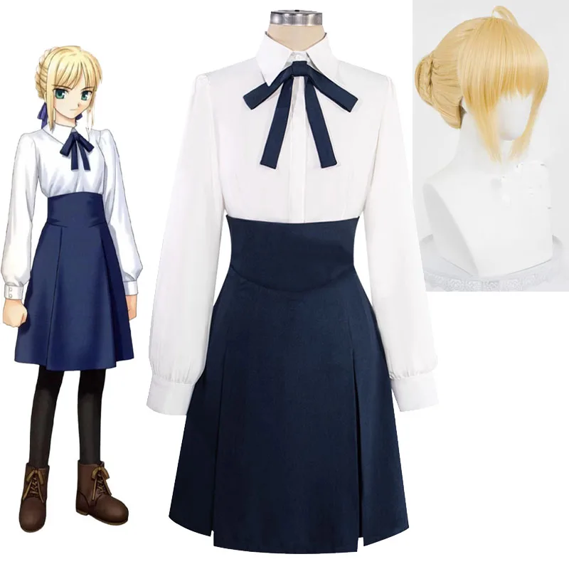 

Fate/stay night Altria Pendragon Косплей Парики и костюм Аниме King Arthur Altria's JK Униформа Юбка Сабля Повседневная одежда