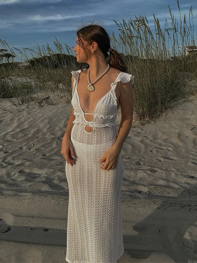 Robe longue dos nu à col en V profond pour femmes, robes maxi découpées en fibre mince, robe de plage sexy, été, 2024