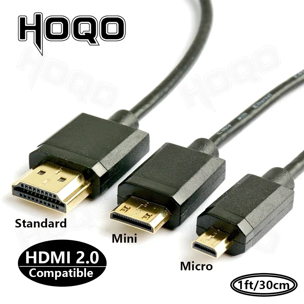 OD 3.2mm Super Soft Micro HDMI to HDMI to Mini HDMI Cable Ultra thin 4k@60hz Light-weight Portable 1ft short thin hdmi2.0 coiled