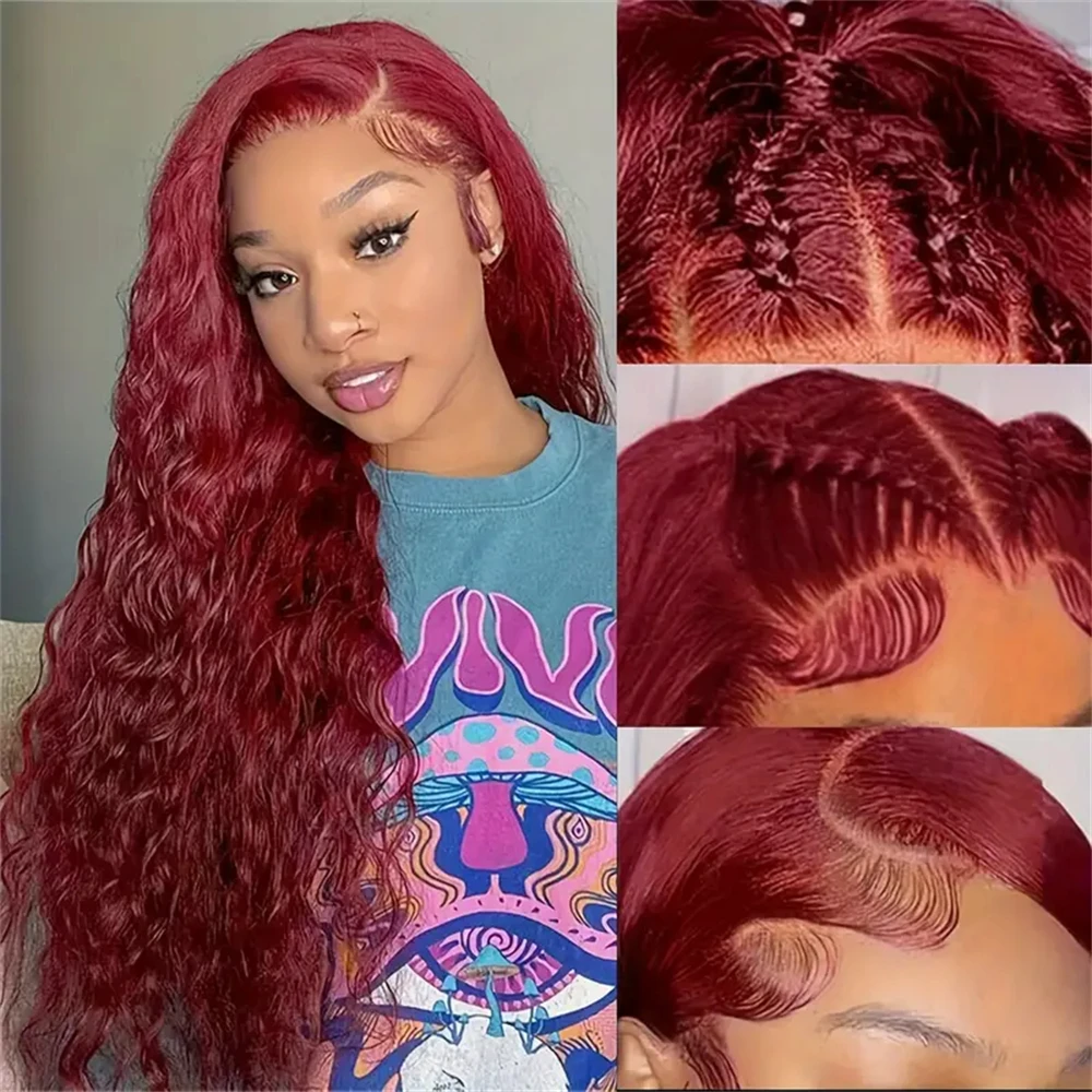 

13x4 13x6 99J Burgundy Water Wave Lace Frontal Wig Wigs Curly Lace Front HD Lace Frontal Human Hair Wigs For Womem For Women