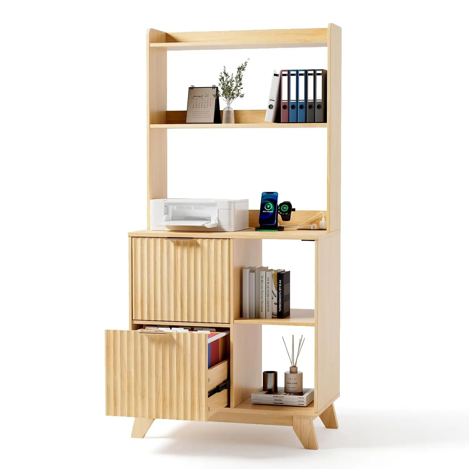 2 Drawer Wood File Cabinet with Adjustable Shelf & Socket, Office Letter Folder Organizer, Fluted Printer Stand, Customized