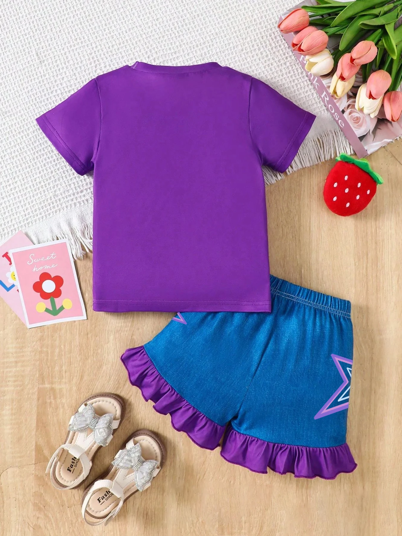Girls 2 Piece K-POP Anime Print Outfit Short Sleeve T-Shirt & Ruffle Hem Star Print Shorts Kids Summer Casual Set