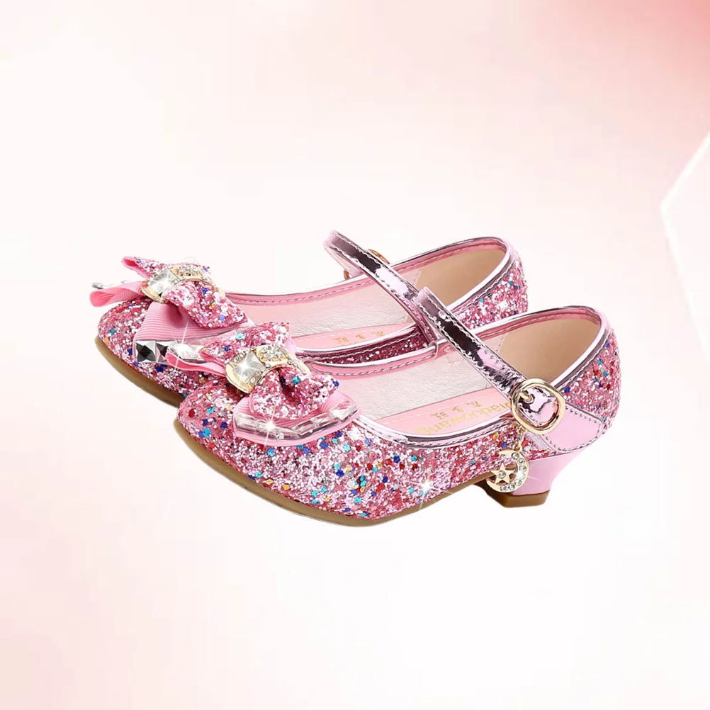 

Children Dance Shoes Pink Size 26 Sequined Bowknot Girls Kid High-Heeled Dance Shoes Lightweight Safe