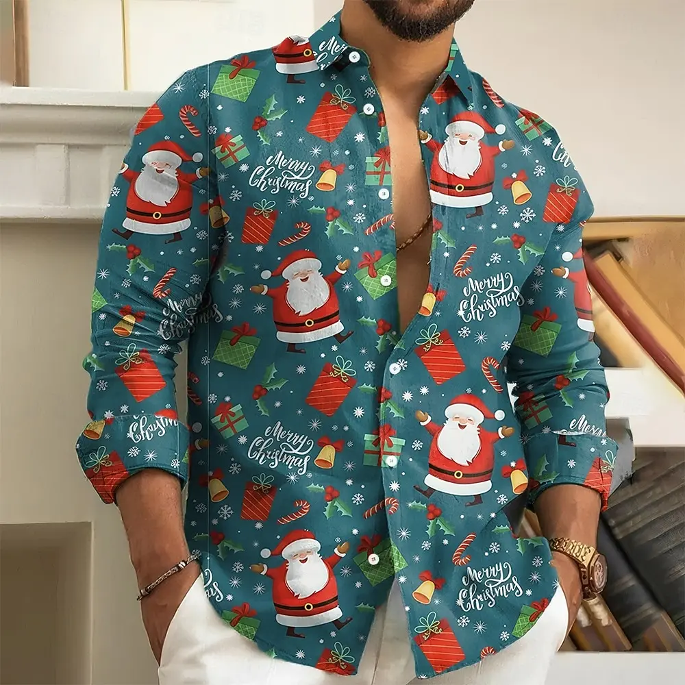 Christmas Men's Santa Claus Funny Christmas Gift Shirt Button Up Shirt Long Sleeve Funny Outdoor Holiday Spring Fall Turndown