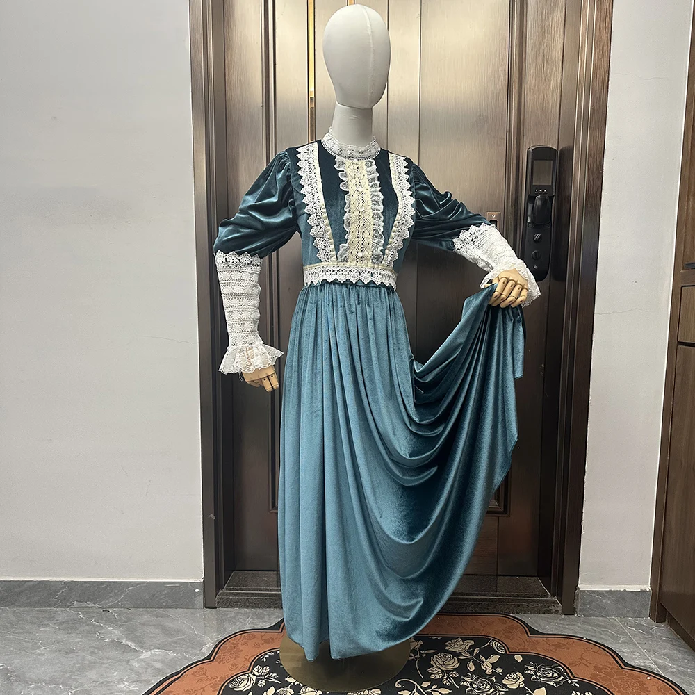 AnXin SH princess blue green velvet long sleeve button white flower lace ruffles zipper a line party customized evening dress