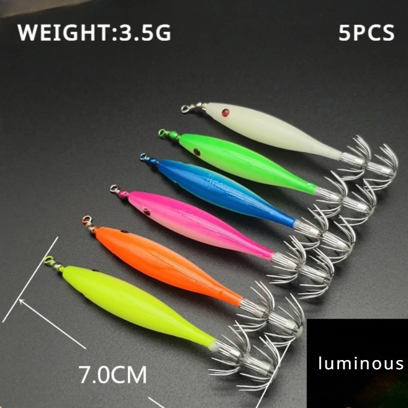 5 Pcs Fishhook Squid Fishing Hooks Blowtorch Octopus Hook Octopus Cuttlefish Squid Essence Strong Luminous Simulated Shrimp 3.5G