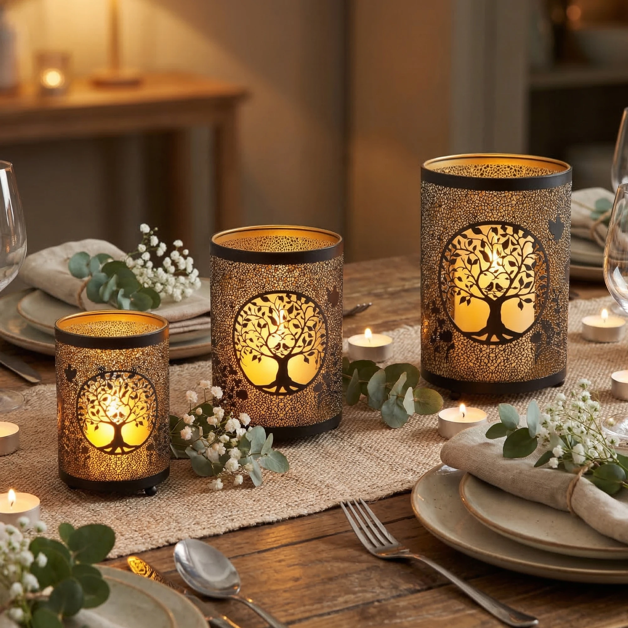 3PCS Tree of Life Candle Lantern 13&16&19cm High Etched Bronze Metal Candle Holder Decorations for Living Room Tabletop Patio