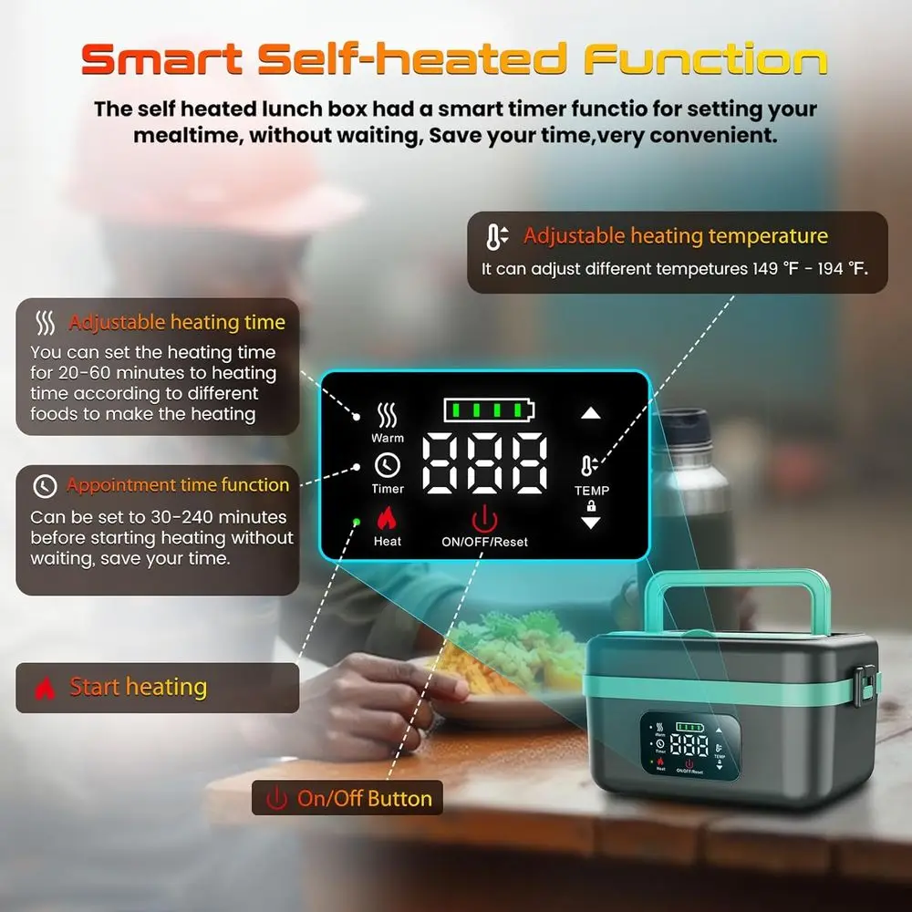 Boîte à déjeuner électrique rechargeable – Chauffe-aliments auto-chauffant et portable pour adultes, hommes et femmes, comprend une cuillère et un sac isolé