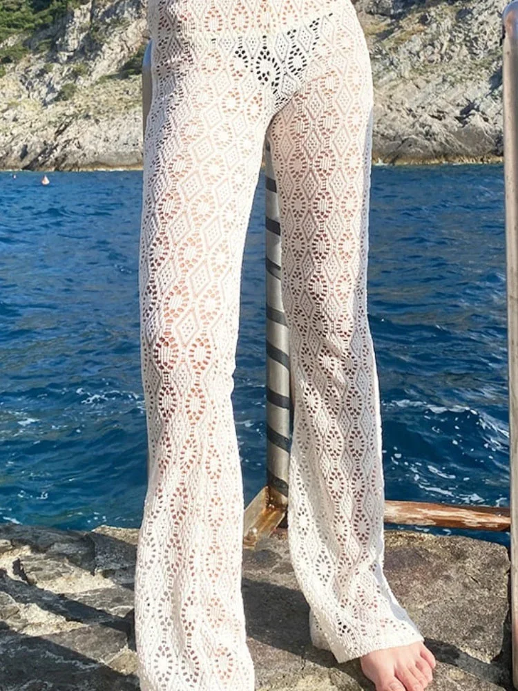 DSMTRC stampato Sexy See-Through Beach Holiday pantaloni dritti moda Y2k pantaloni 2024 scava fuori i pantaloni da donna bianchi a vita alta