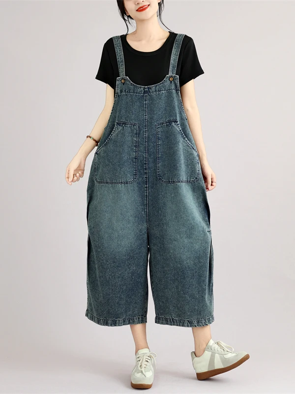 Retro Washed Denim Overalls Loose Fit Wide Leg Seven Inch Pants Women's plus Size Fashion Slimming Artistic Casual Trousers
