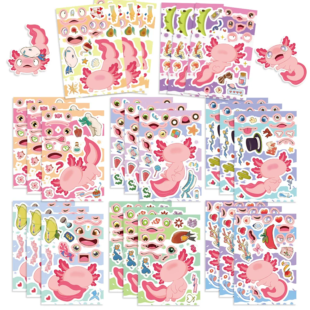 8/16 Blatt Axolotl Puzzle DIY Aufkleber für Party Geburtstag Deko Gepäck Fahrrad Roller Gitarre Scrapbook Wasserflasche Aufkleber Kinderspielzeug