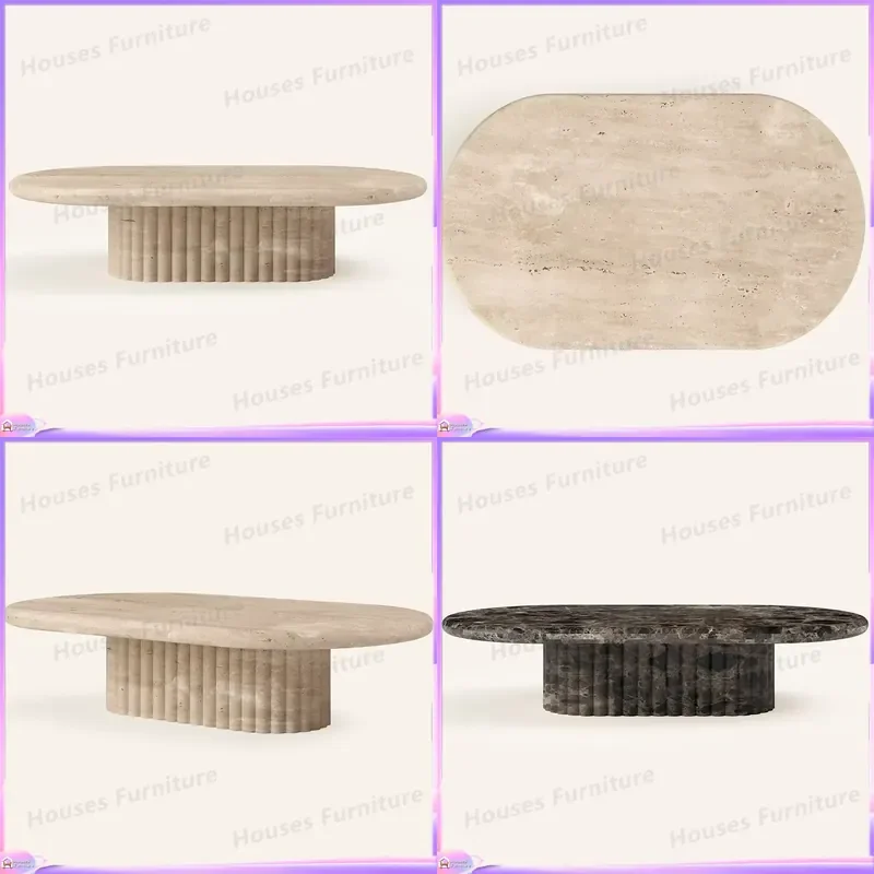 270 Custom Modern Minimalist Beige Travertine Marble Oval Coffee Table Roman Legs Living Room Furniture Home Decor Stone