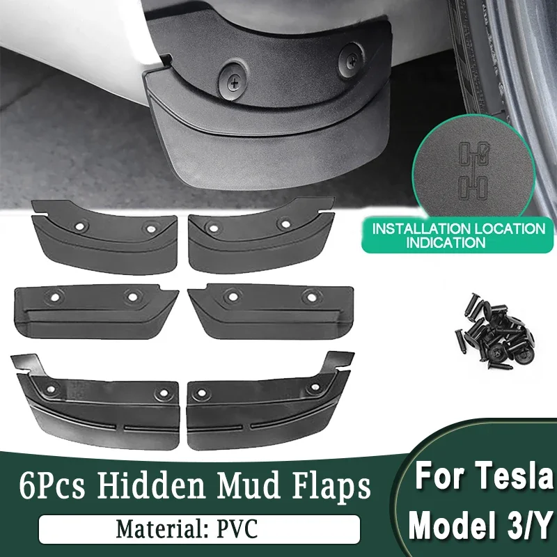 For Tesla Model Y 2019-2023 Front & Rear  Mud Flaps Mudguard Splash Wheel Fender Protective Guards Flares 6Pcs PVC Mudflaps