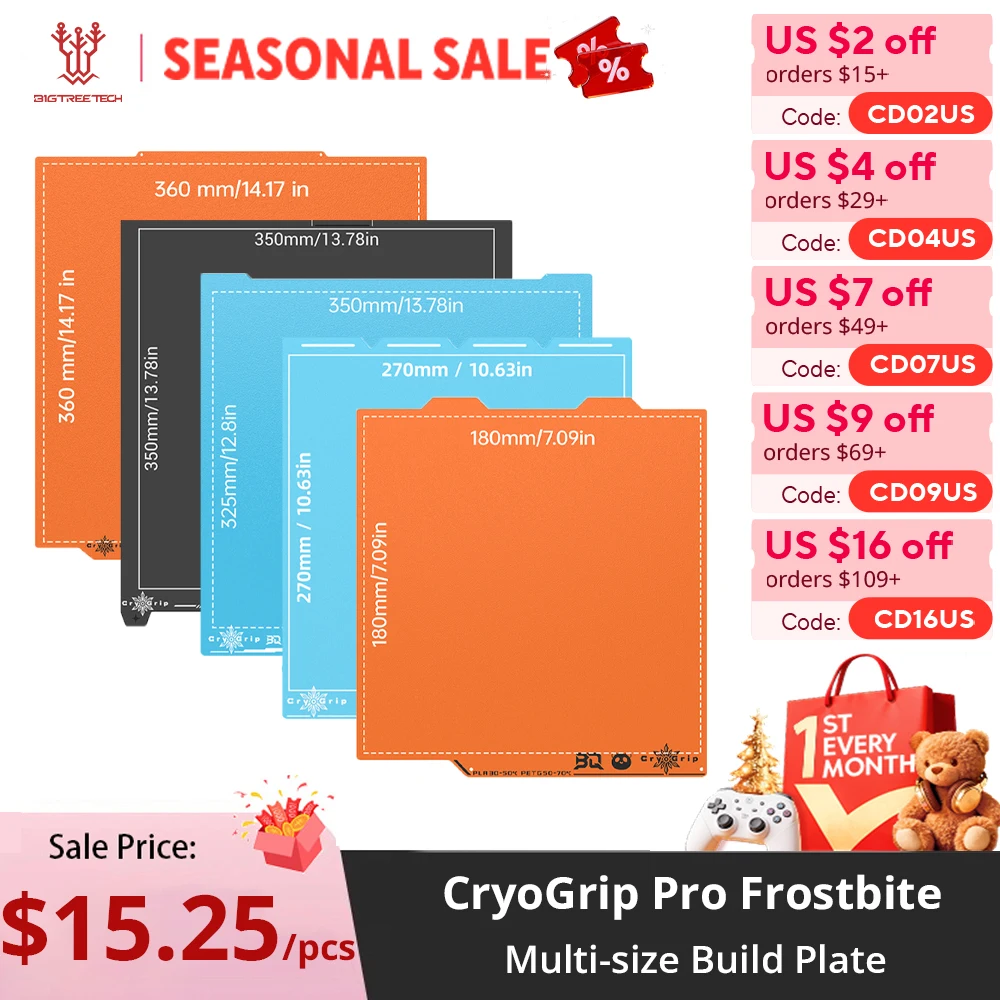 

Пластина для 3D-принтера BIGTREETECH CryoGrip Pro Frostbite из пружинной стали для Bambu Lab, Snapmaker, Prusa, ELEGOO, Voron, Kobra, Ender 3