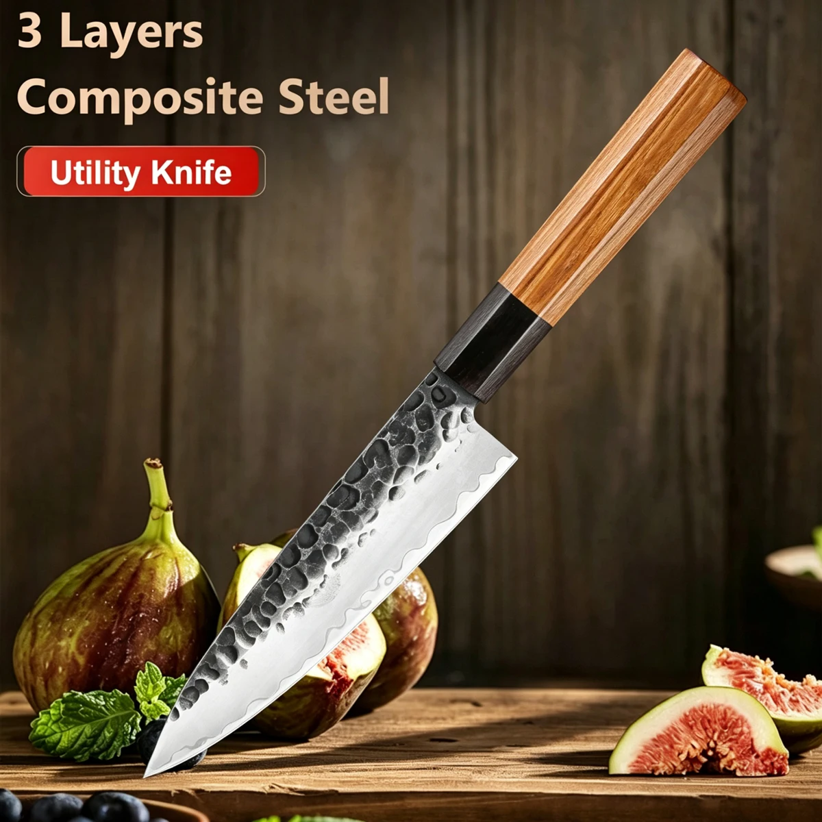 5.5 inch Utility Knife 3 Layers Composite Steel Super-Sharp Blade, Multi-Purpose,Kitchen Chef Fruit Knife AbRosewood Handle