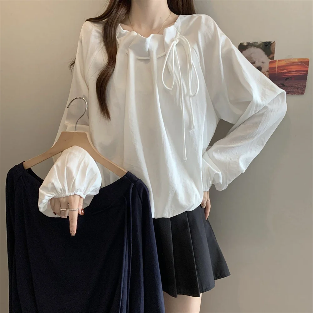 

Spring Autumn New Hot Sale Korean Style French Fashion Casual Blouse Drawstring Loose Shirt Women's Lantern Long-sleeved Tops