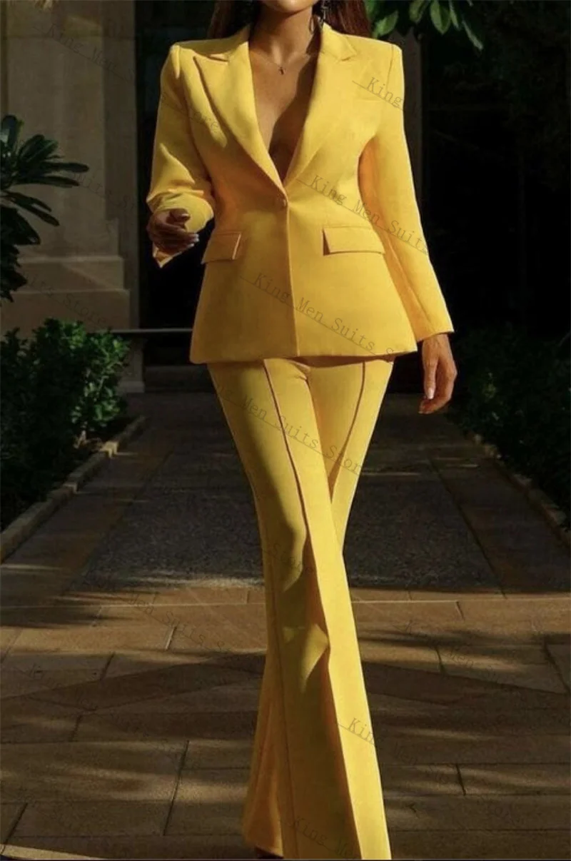 Designer Women Suits Set 2 Piece Blazer+Pants Trousers Bright Yellow Customized Office Lady Jacket Wedding Tuxedo Cotton Coat