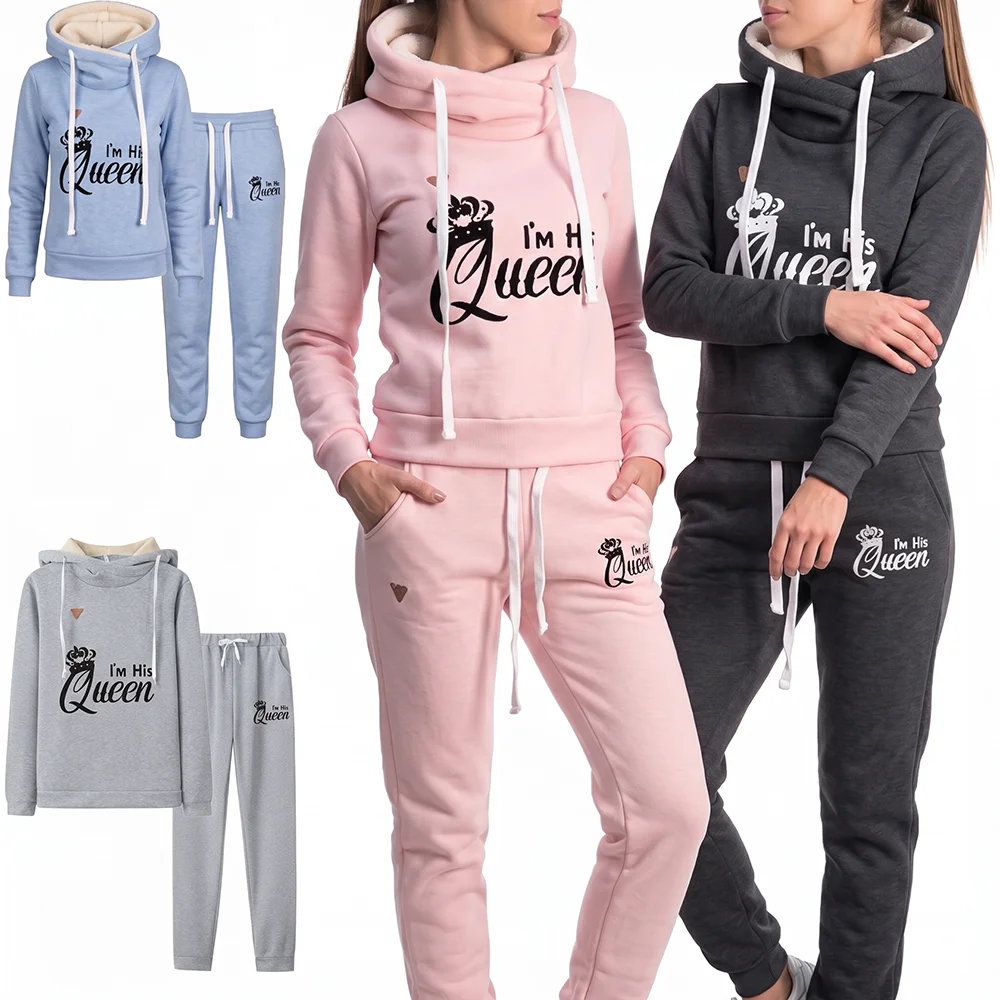 Winter Women Thick Fleece Tracksuit 2 Piece Set I'm His Queen Print Pullover Hoodie and Sweatpants Sportswear Warm Jogging Suits
