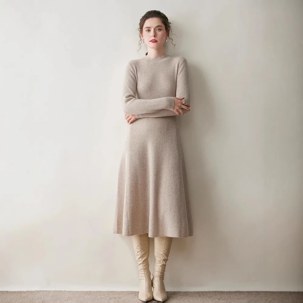 2026 Nieuwjaar Dames Herfst/Winter Kleding 100% Kasjmier Halfhoge Hals Kerst Effen Kleur Lange Mouwen Feestjurk