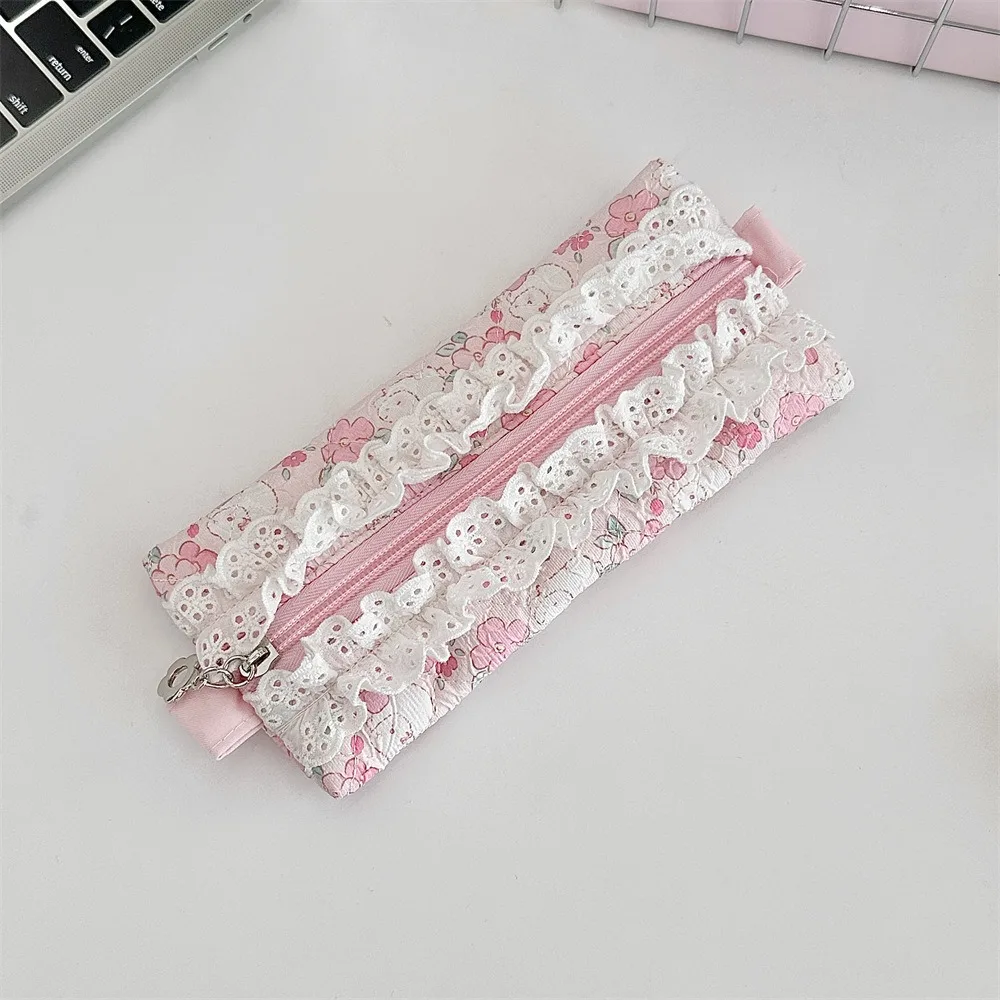 Fresh Lace Pencil Pouch Cosmetic Bag Makeup Bag Flower Pattern Pen Case Large Capacity Cartoon Stationery Storage Bag